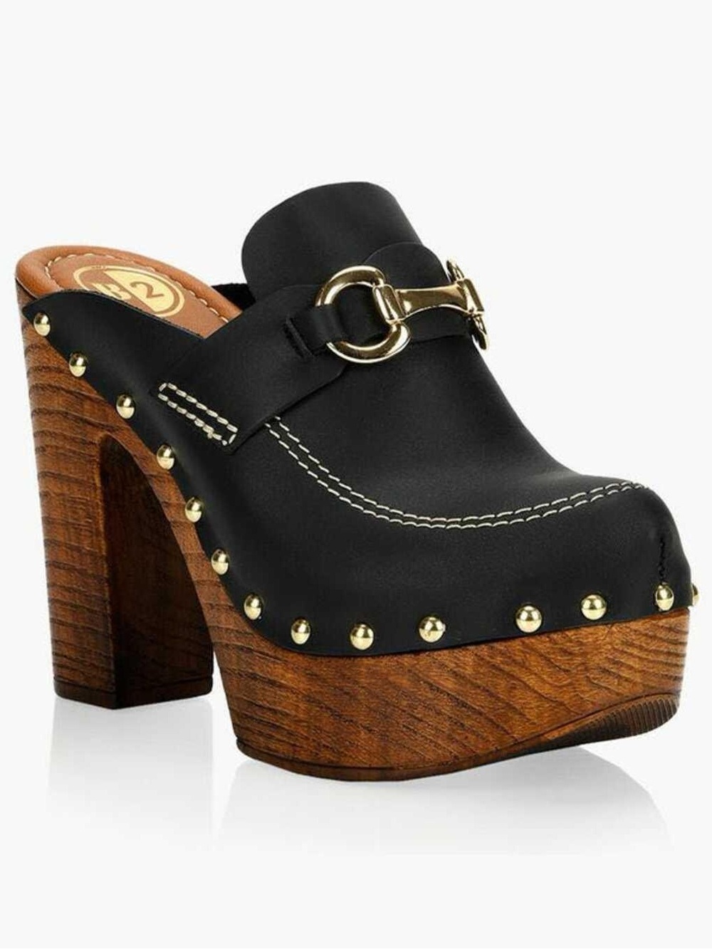 Black Studded Platform Clog Mule with Gold Horsebit Accent